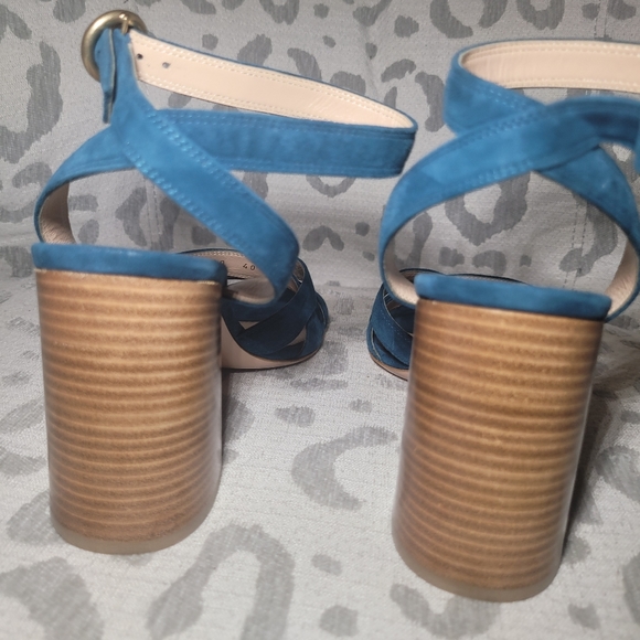 Gianvito Rossi Suede Crisscross Block Heel  Blue Teal Open Toe NEW - Picture 7 of 10